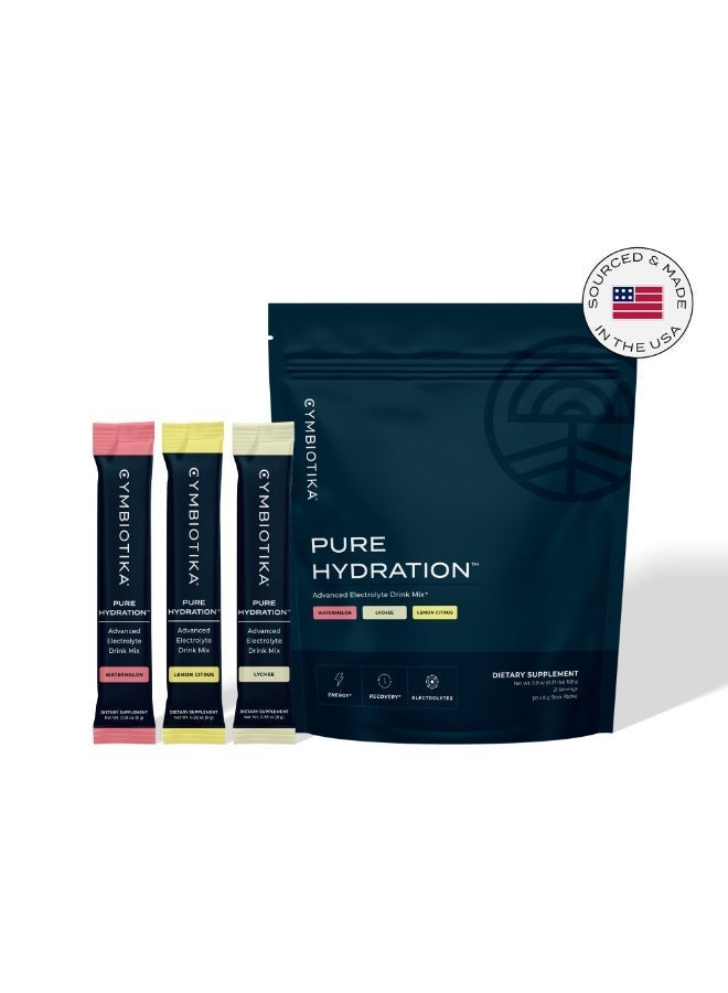 Cymbiotika Pure Hydration Electrolyte Powder - Magnesium, Potassium, Vitamin C & B12 for Ultimate Hydration, Energy, and Recovery - 21 Stick Packs (Watermelon, Lemon Citrus, Lychee Flavors) - Plant-Based, Keto-Friendly, Electrolyte Drink Mix - 21-Day Supply - Image 1